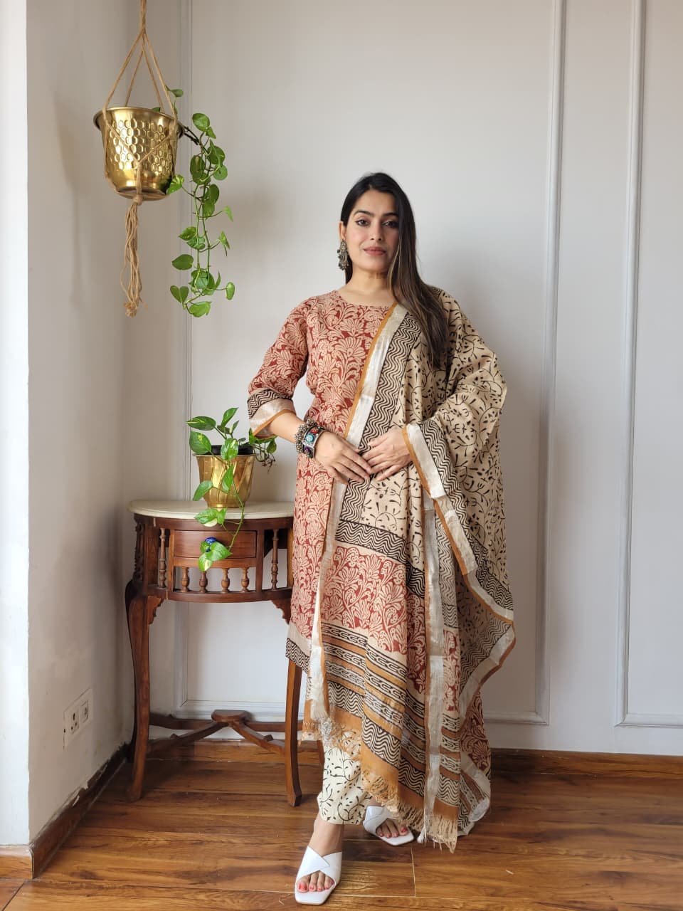 Red Bagru Hand Block Printed Linen Suit Set